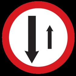 Road narrowing, give way to oncoming drivers.