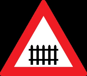 Warning for a railroad crossing with barriers.