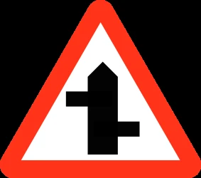 Warning for a crossroad where the roads are not opposite to each other.