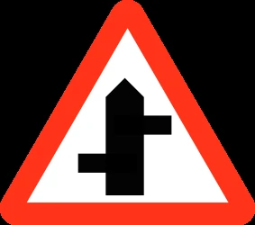 Warning for a crossroad where the roads are not opposite to each other.