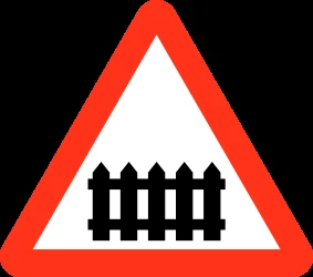 Warning for a railroad crossing with barriers.