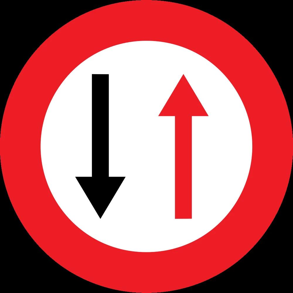 Road narrowing, give way to oncoming drivers.