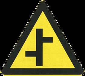 Warning for a crossroad where the roads are not opposite to each other.