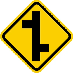 Warning for a crossroad where the roads are not opposite to each other.