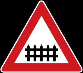 Warning for a railroad crossing with barriers.