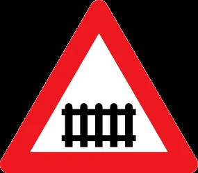 Warning for a railroad crossing with barriers.