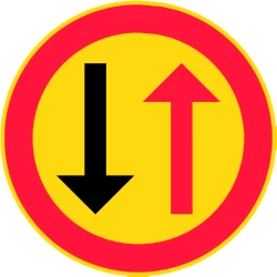 Road narrowing, give way to oncoming drivers.