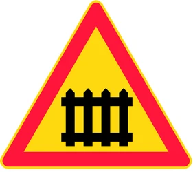 Warning for a railroad crossing with barriers.