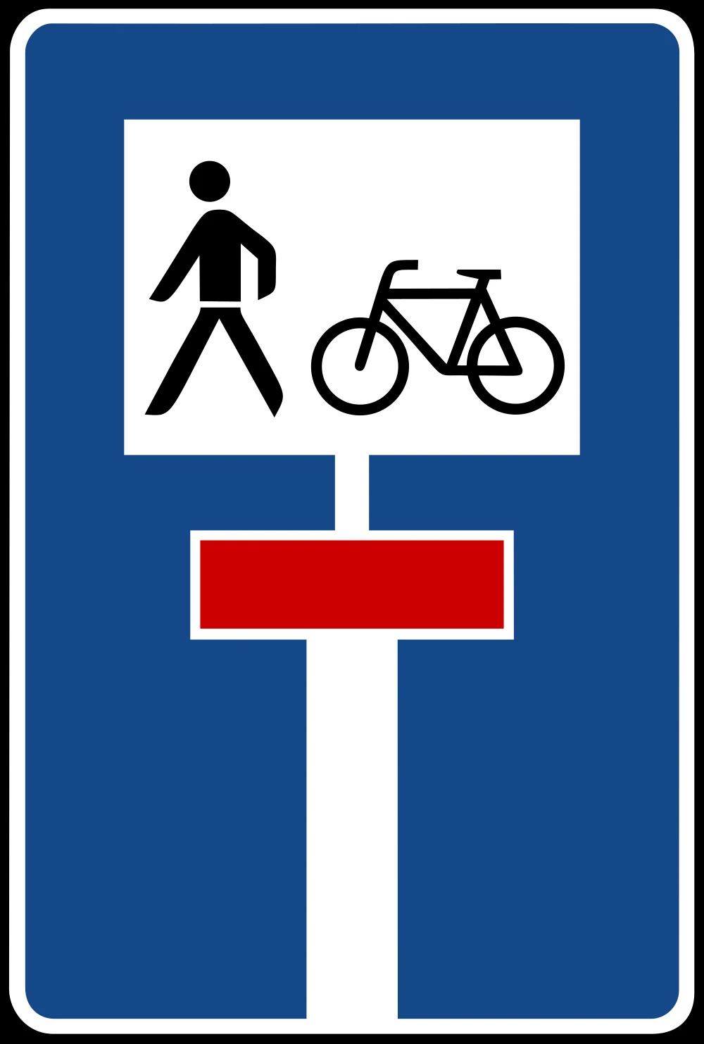 Dead end street with a passage for pedestrians and cyclists.