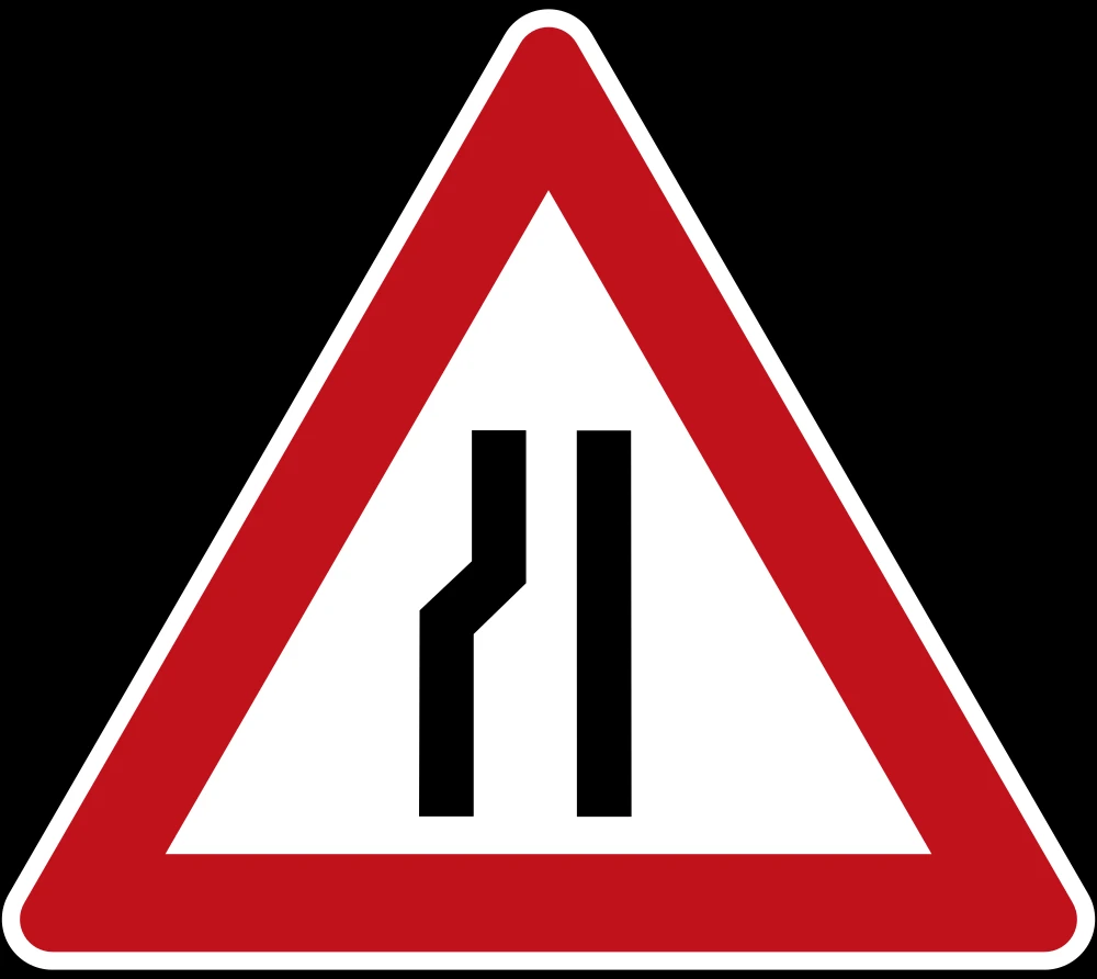Warning for a road narrowing on the left.