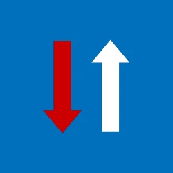 Road narrowing, oncoming drivers have to give way.