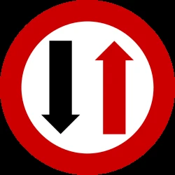 Road narrowing, give way to oncoming drivers.