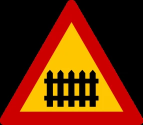 Warning for a railroad crossing with barriers.