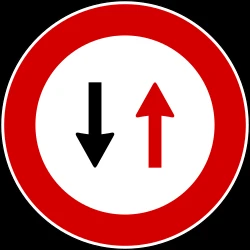 Road narrowing, give way to oncoming drivers.
