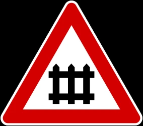 Warning for a railroad crossing with barriers.
