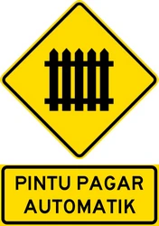 Warning for a railroad crossing with barriers.