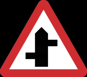 Warning for a crossroad where the roads are not opposite to each other.