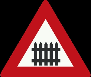 Warning for a railroad crossing with barriers.