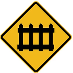 Warning for a railroad crossing with barriers.