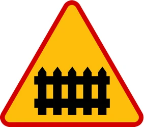 Warning for a railroad crossing with barriers.