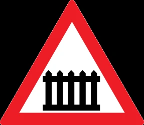 Warning for a railroad crossing with barriers.