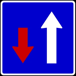 Road narrowing, oncoming drivers have to give way.