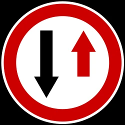 Road narrowing, give way to oncoming drivers.