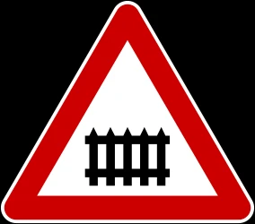 Warning for a railroad crossing with barriers.