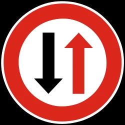 Road narrowing, give way to oncoming drivers.