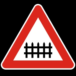 Warning for a railroad crossing with barriers.
