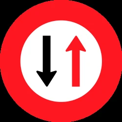 Road narrowing, give way to oncoming drivers.