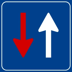 Road narrowing, oncoming drivers have to give way.