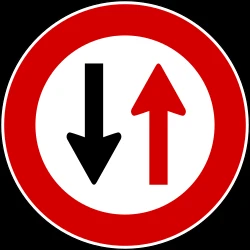 Road narrowing, give way to oncoming drivers.