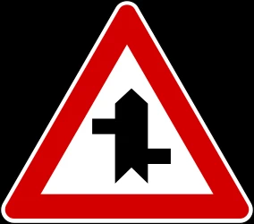 Warning for a crossroad where the roads are not opposite to each other.