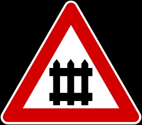 Warning for a railroad crossing with barriers.